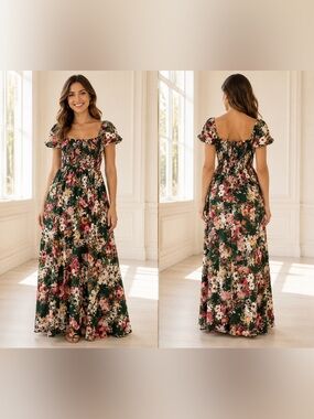 Vibe Dark Green Floral Maxi Dress